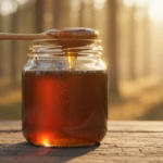 Glas dunkelbrauner Waldhonig mit Löffel auf Holztisch vor unscharfem Waldhintergrund