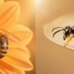 Vergleich einer pelzigen Honigbiene auf einer Blüte und einer glatten, glänzenden Wespe nebeneinander