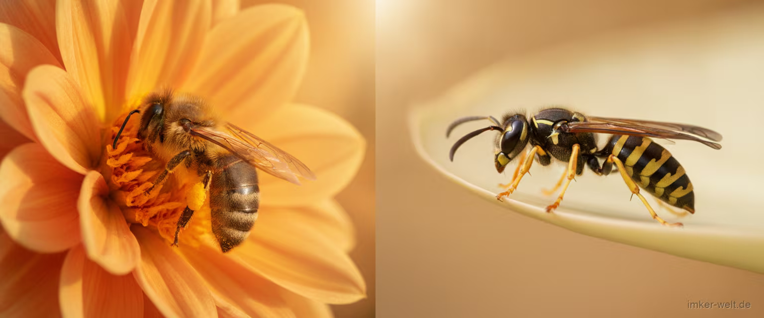 Vergleich einer pelzigen Honigbiene auf einer Blüte und einer glatten, glänzenden Wespe nebeneinander