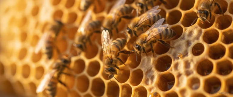 Bienen auf einer Wabe in warmem Licht