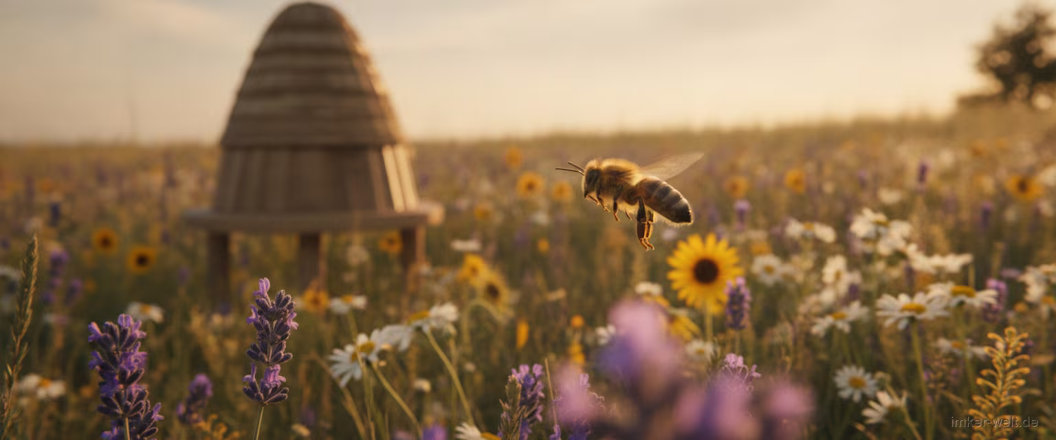 Honigbiene im Flug über einer blühenden Wiese, im Hintergrund ein Bienenstock