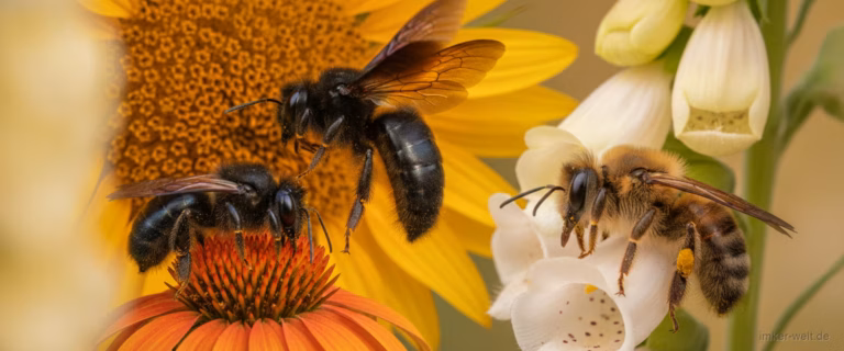 Mehrere verschiedene Wildbienenarten auf Blüten: Mauerbiene, Sandbiene und Holzbiene