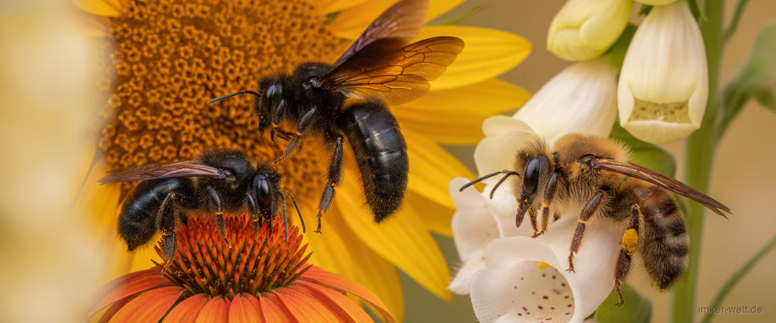 Mehrere verschiedene Wildbienenarten auf Blüten: Mauerbiene, Sandbiene und Holzbiene