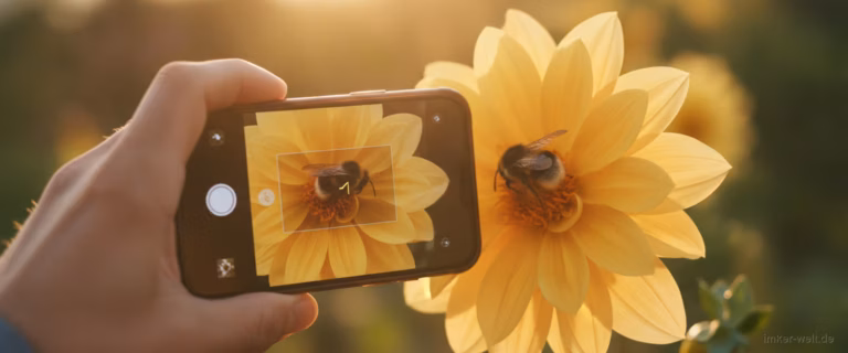 Person fotografiert eine Wildbiene auf einer Blüte mit dem Smartphone zur Bestimmung