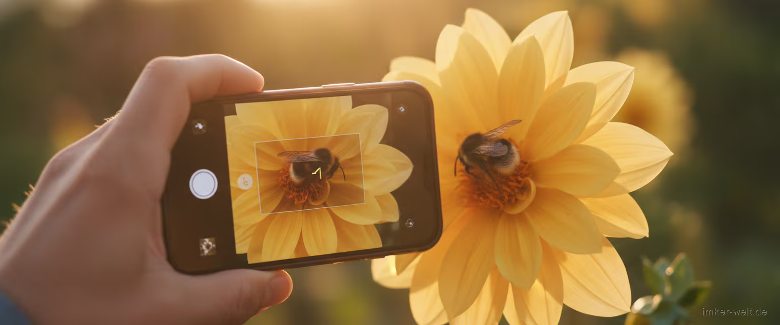 Person fotografiert eine Wildbiene auf einer Blüte mit dem Smartphone zur Bestimmung