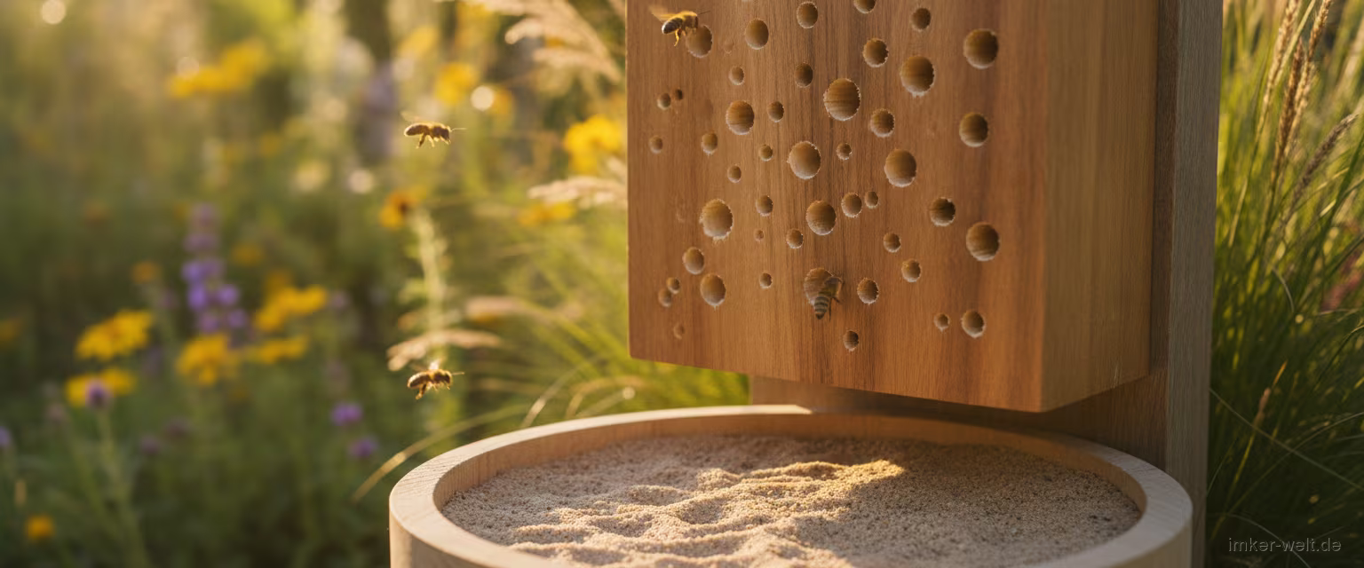 Gute Wildbienen-Nisthilfe aus Hartholz-Bohrungen und einem kleinen Sandarium im sonnigen Garten