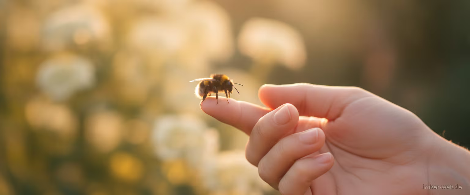 Wildbiene sitzt ruhig auf der Fingerspitze einer Person im sonnigen Garten