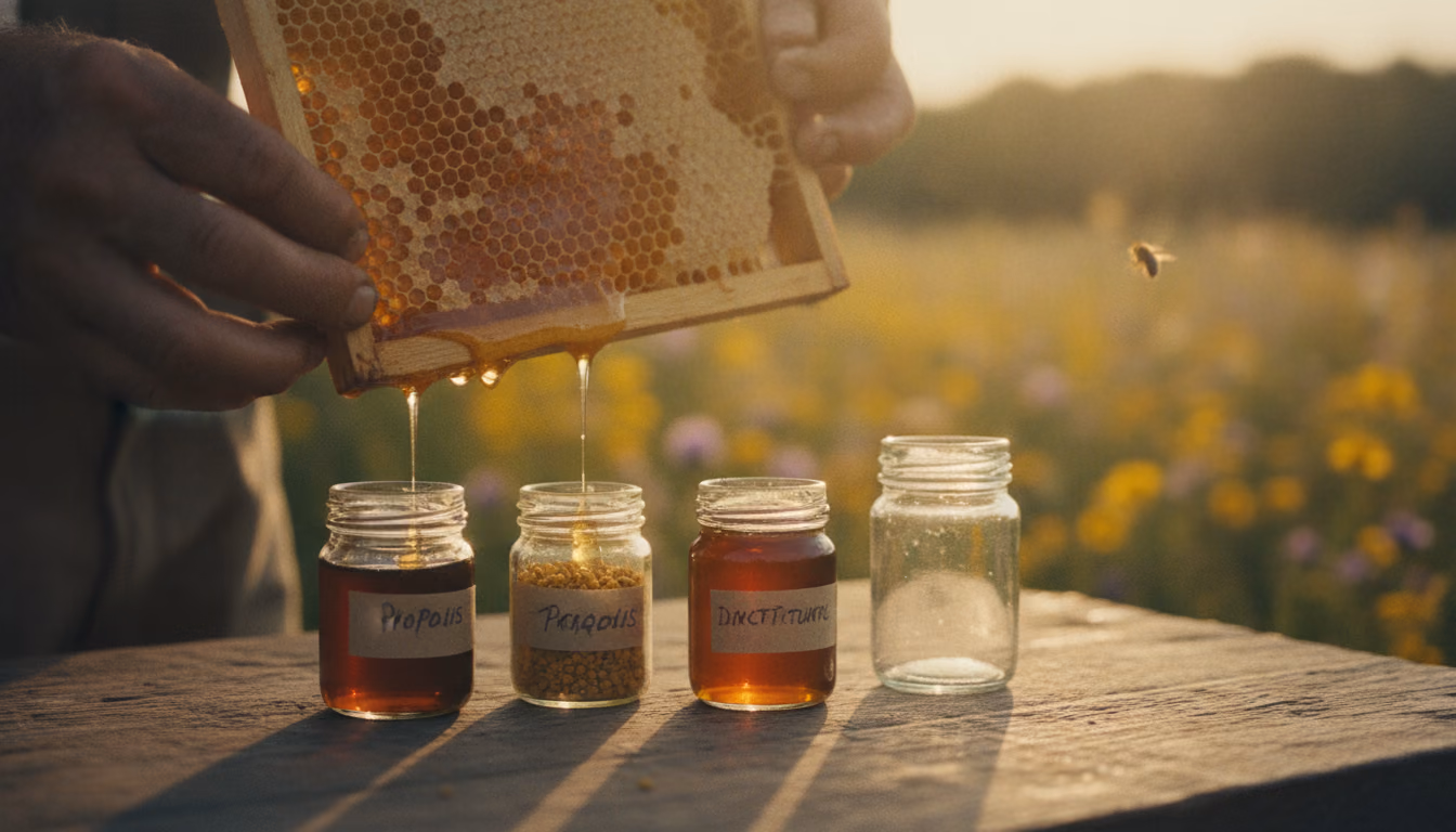Goldene Bienenwabe tropft Honig über kleine Gläser mit Propolis und Blütenpollen, im warmen Gegenlicht einer Sommerwiese