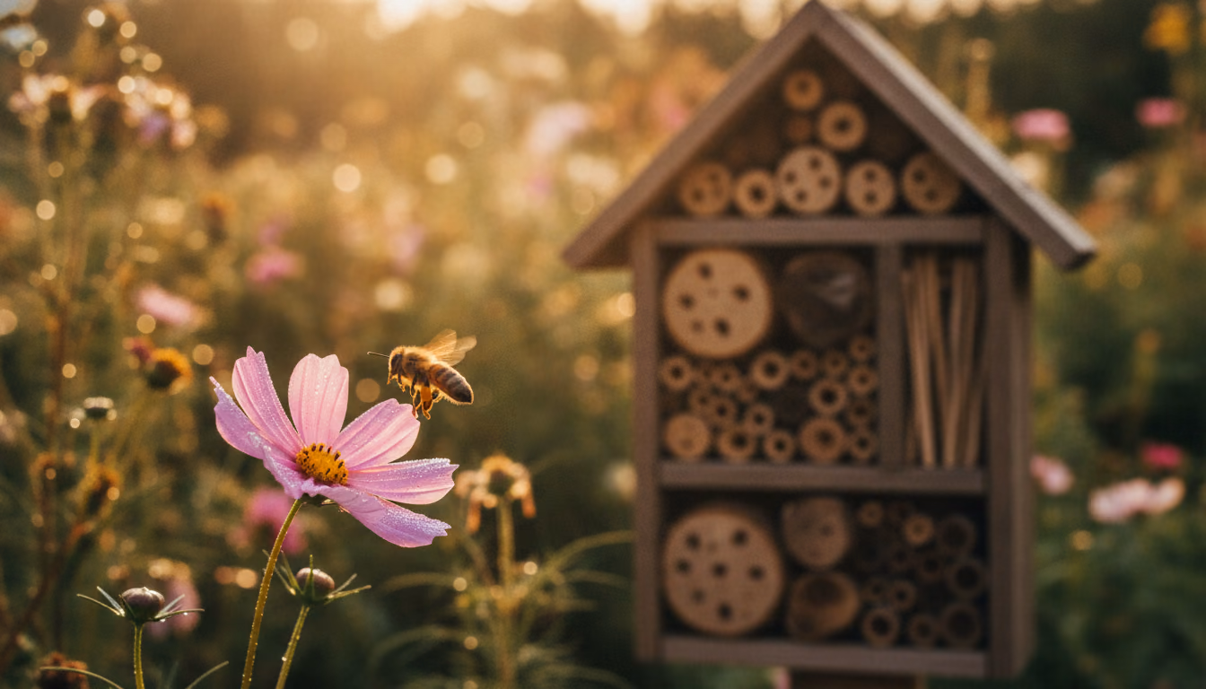 Honigbiene fliegt eine rosa Kosmee an, im Hintergrund ein Insektenhotel im goldenen Abendlicht