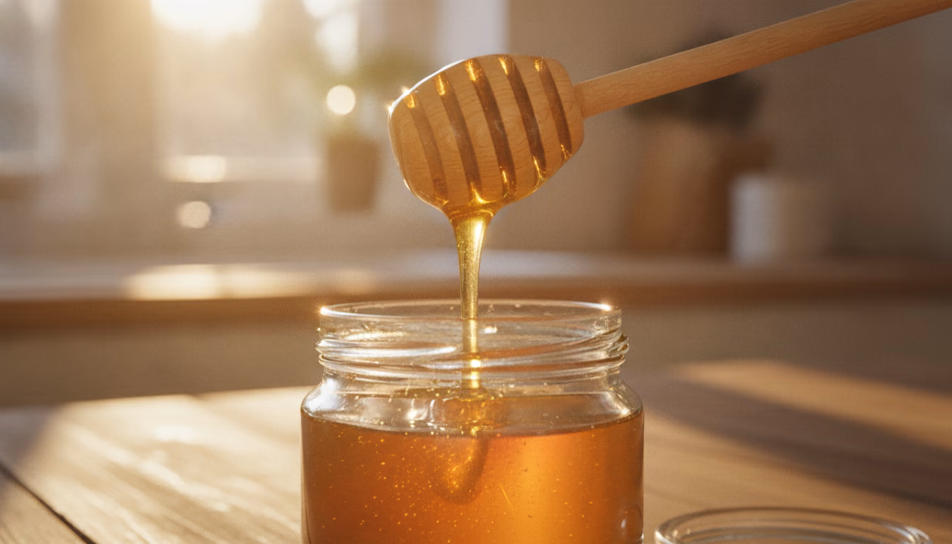 Honiglöffel zieht einen goldenen Honigfaden aus einem Glas, von warmer Sonne durchleuchtet