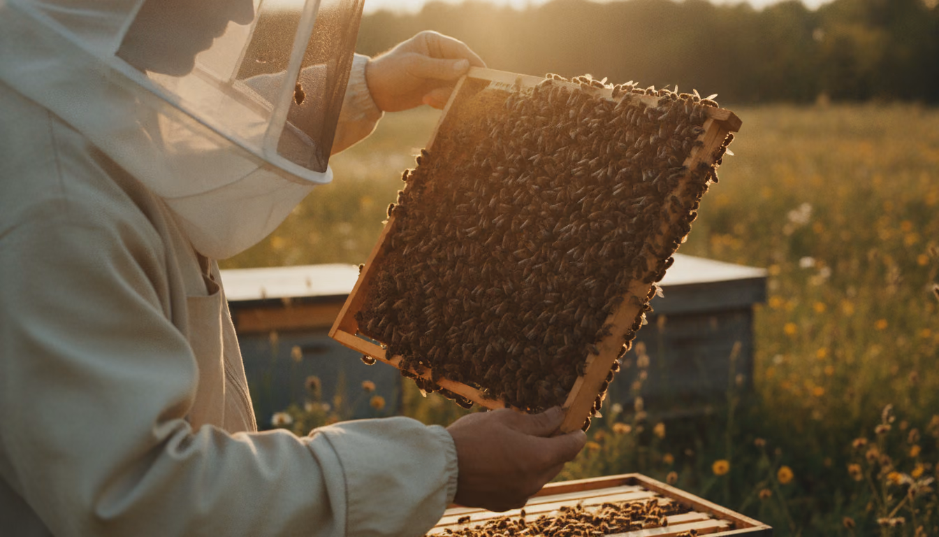 Imker hält im Gegenlicht eine dicht mit Bienen besetzte Wabe vor blühender Sommerwiese