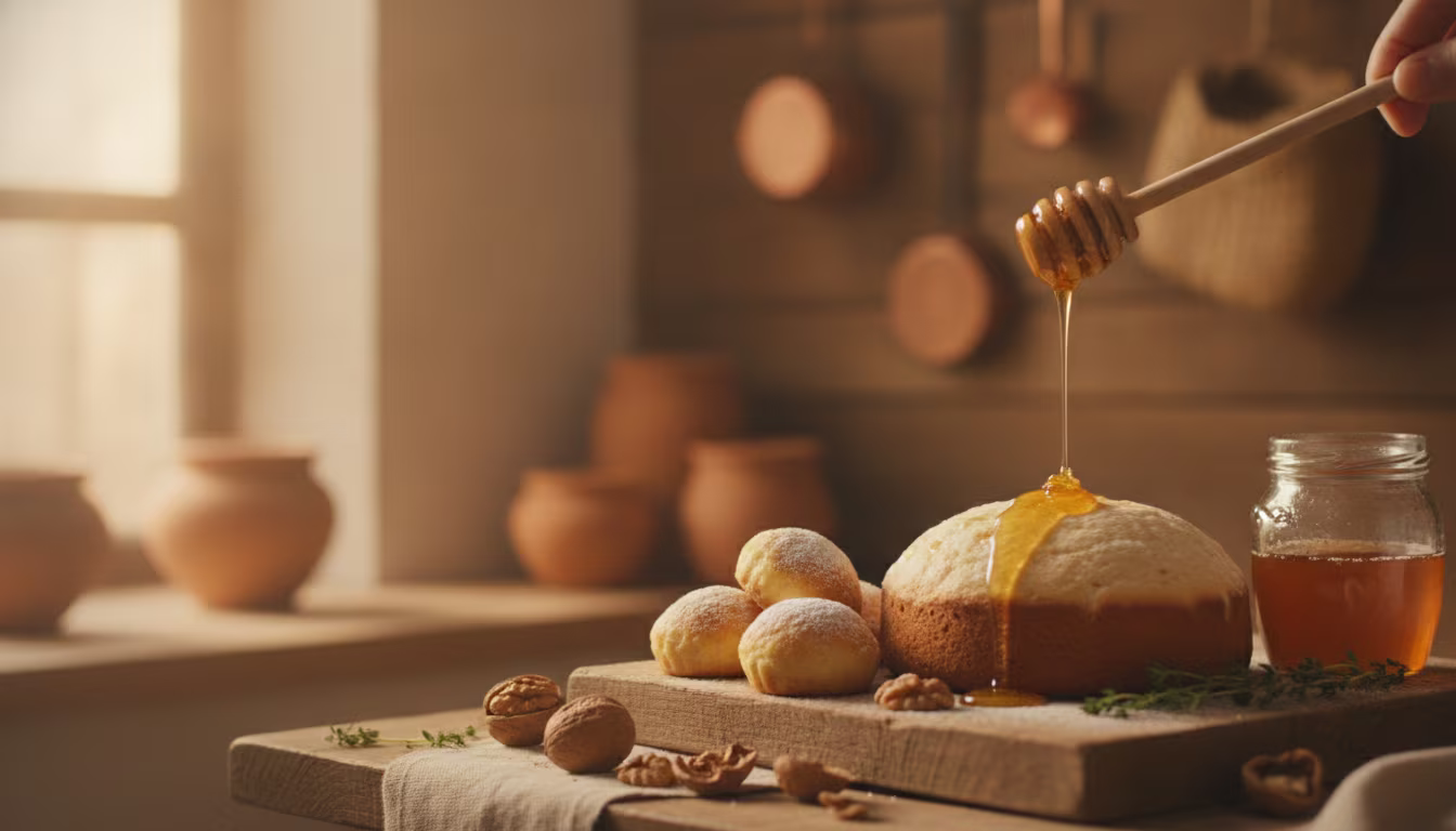 Honiglöffel träufelt goldenen Honig über frisch gebackenen Honigkuchen und Gebäck in einer warmen Küche im Abendlicht